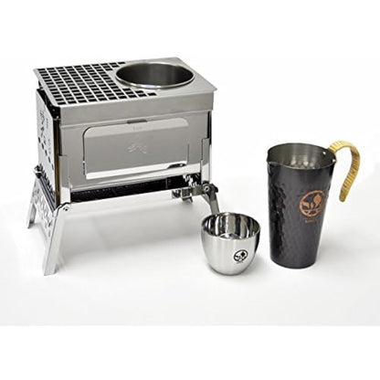 笑's Sho's B-6 Kun, Japanese compact charcoal Grill "KAN"(hot sake) Grill set, foldable hibachi, drink warm & grill plate, carafe, cup
