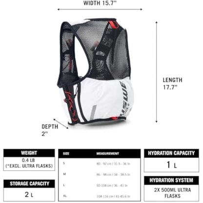 USWE Pace 2L Running Vest Hydration Pack with 2 x 500ml UltraFlask, Backpack for Men and Women, White Black, L-XL