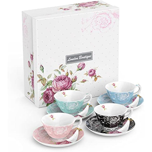 London Boutique Tea Cup and Saucer Set 1 Afternoon Tea Set New Bone China Vintage Flora Gift Box 200m (1 colour each)