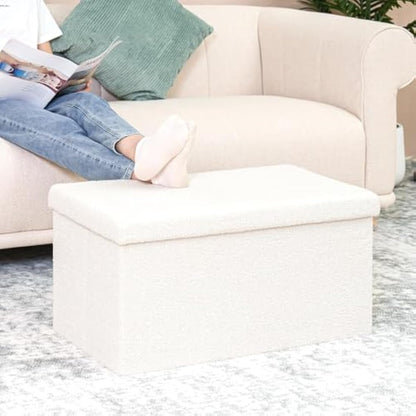 Bonlife Ottoman Bench,Large Toy Storage Box with Lid,Folding Footstool with Storage for Living Room,Hallway,Boucle Fabric,White,80x40x40cm