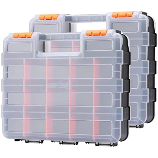 CASOMAN Double Side Tool Organizer, with Impact Resistant Polymer and Customizable Removable Plastic Dividers, Hardware Box Storage, Excellent for Screws,Nuts,Small Parts, Black/Orange. 2-Pieces Pack