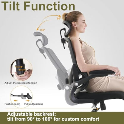 TONFARY Ergonomic Office Chair - High Back Mesh Design with Adjustable Lumbar Support, Flip-Up Armrests, Removable Headrest & 360° Swivel - Space-Saving for Home, Work, or Gaming - Black