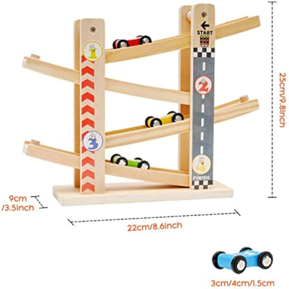 Wooden Car Ramp Toys|Zig Zag Cars Slide|Toddler Toys Wooden Race Track with 4 Wood Cars for 3 Year+ Old Boy Gifts