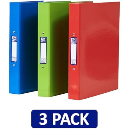 Oxford A4 Ring Binders, Red/Green/Blue, Pack of 3 Folders 40mm