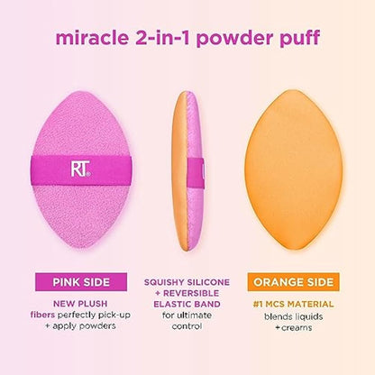 Real Techniques Miracle 2-In-1 Powder Puff, Dual-Sided, Full-Size Makeup Blending Puff, Reversible Elastic Band, Precision Tip Makeup Sponge and Powder Puff, For Liquid, Cream and Powder, 2 Count