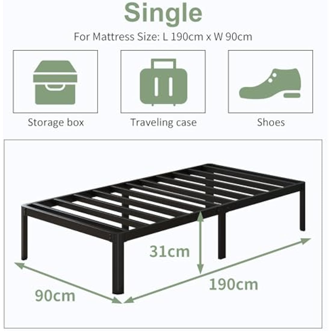Lutown Teen 3ft Single Bed Frame with Rounded Corner Legs, Heavy Duty White Metal Bed Frame with Steel Slats Support, 30 cm High, Noise Free, Easy Assembly