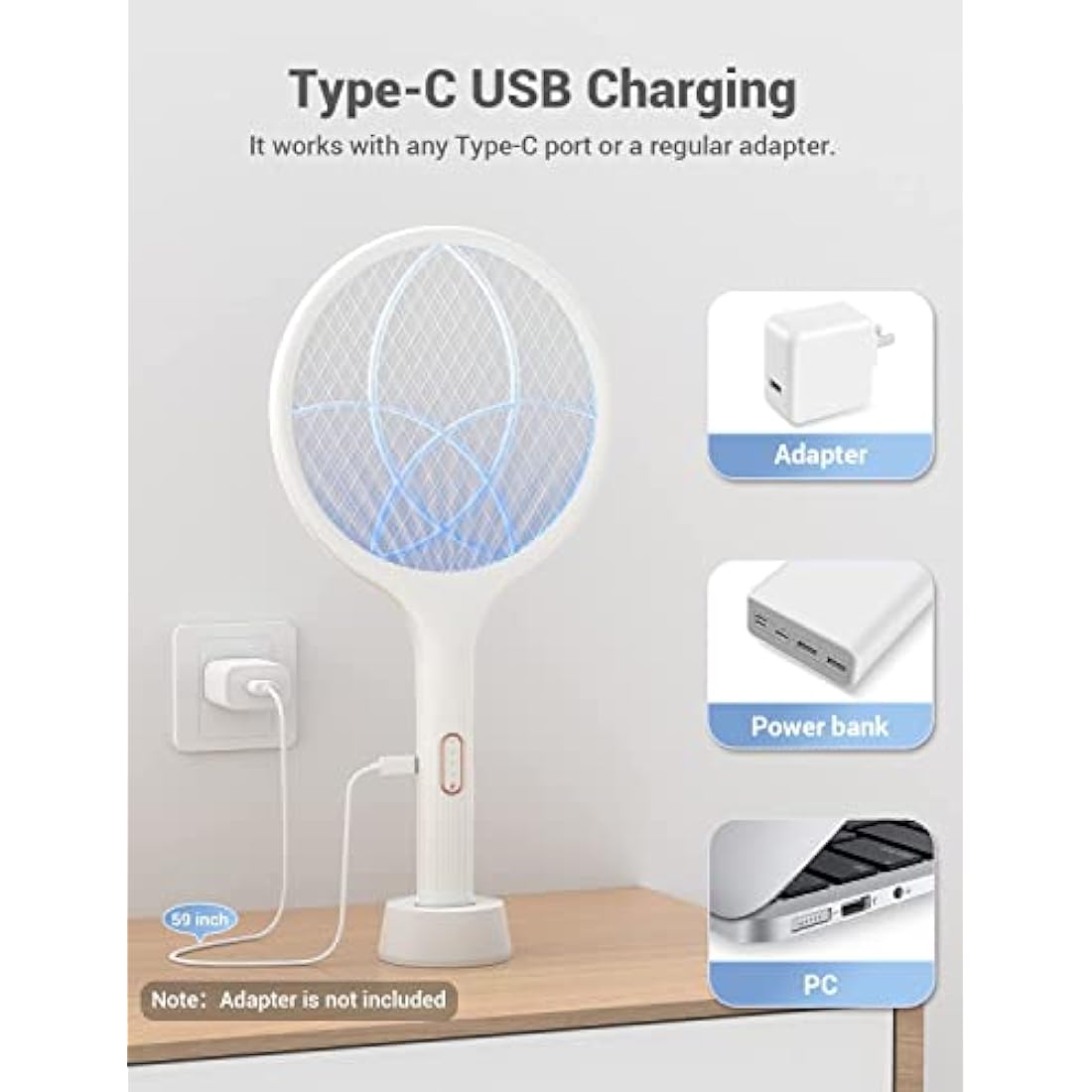 YISSVIC Electric Fly Swatter 4000V Bug Fly Zapper Racket Mosquito Killer 1500 mAh 3 Layers Mesh with USB C Cable Stand Base for Indoor Outdoor