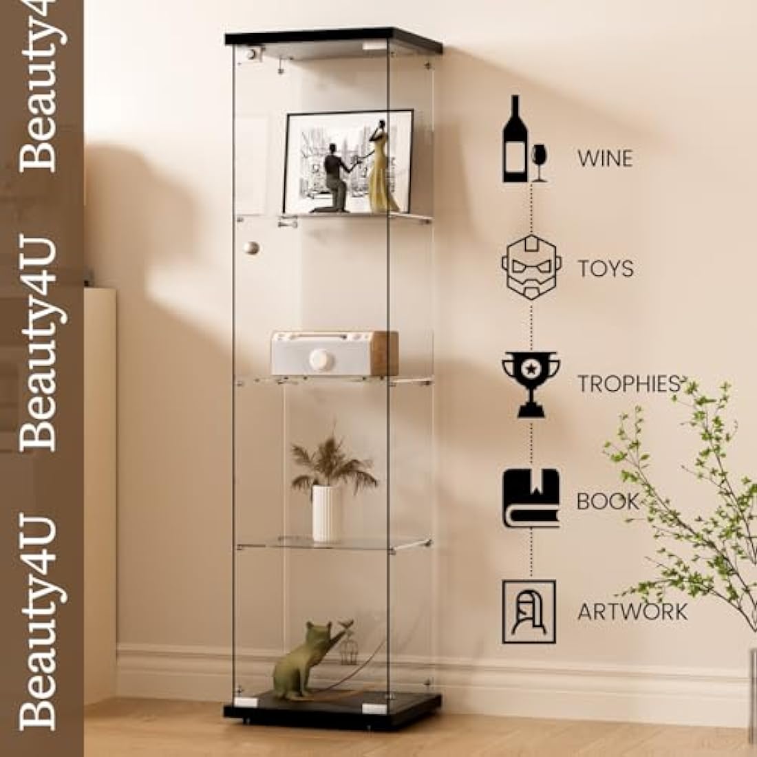 Beauty4U 4-Shelf Glass Display Cabinet, 64" Single Door Showcase Cabinet for Storage Collectables, Simple Quick Installation, Black