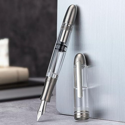 Asvine P36 Titanium Fountain Pen Piston Filling, Irdium Mediun Nib Clear Transparent Acrylic Smooth Writing Pen Case Set, Torpedo shape