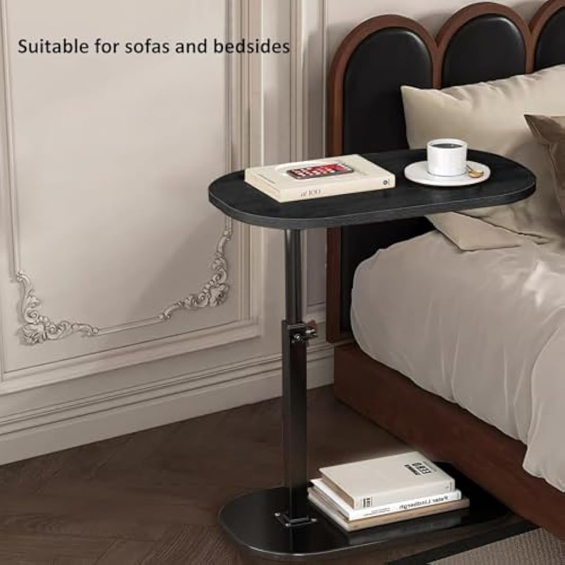 AYES Lifting Side Table 360° Swivel C Shaped End Table - TV Tray Table Narrow Side Table Laptop Desk for Living Room Bedroom Bedside Nursing Sofa Reading Study Snack Tea Coffee Couch (Dark Black)