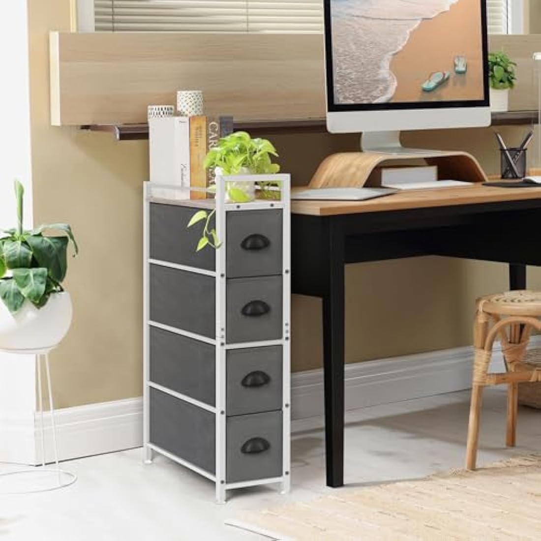 LIANTRAL Narrow Dresser, Vertical Slim Chest of Drawers, Storage Unit with 4 Fabric Drawers and Wooden top for Bathroom Kitchen Living Room Entryway Narrow Space, White and Grey