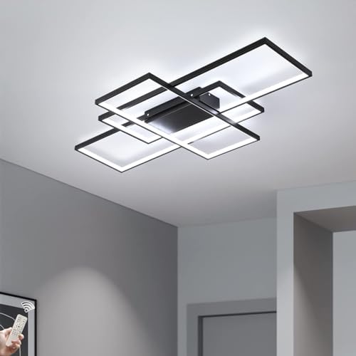 JIINOO Dimmable LED Ceiling Light, 110cm Flush Mounted Ceiling Light with Remote Control, 70W Square Acrylic Modern Simple Design Fixture for Bedroom Living Room, Black