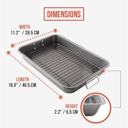 Chef Pomodoro Nonstick Carbon Steel Roasting Pan Roaster with Flat Rack, 16 x 11-Inch (41cm x 28 cm), Large, Grey, Bakeware Rectangular Oven BBQ Baking