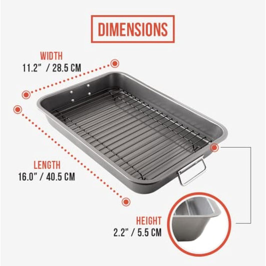 Chef Pomodoro Nonstick Carbon Steel Roasting Pan Roaster with Flat Rack, 16 x 11-Inch (41cm x 28 cm), Large, Grey, Bakeware Rectangular Oven BBQ Baking