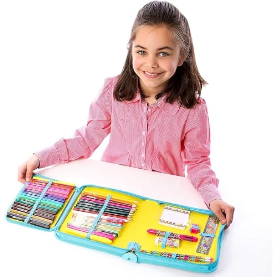 GirlZone 43-Piece Rainbow Stationery Set for Girls, Jumbo Rainbow Arts & Crafts Filled Stationery Pencil Case for Girls, Art Case for Toddlers, Kids, Teens & Teachers