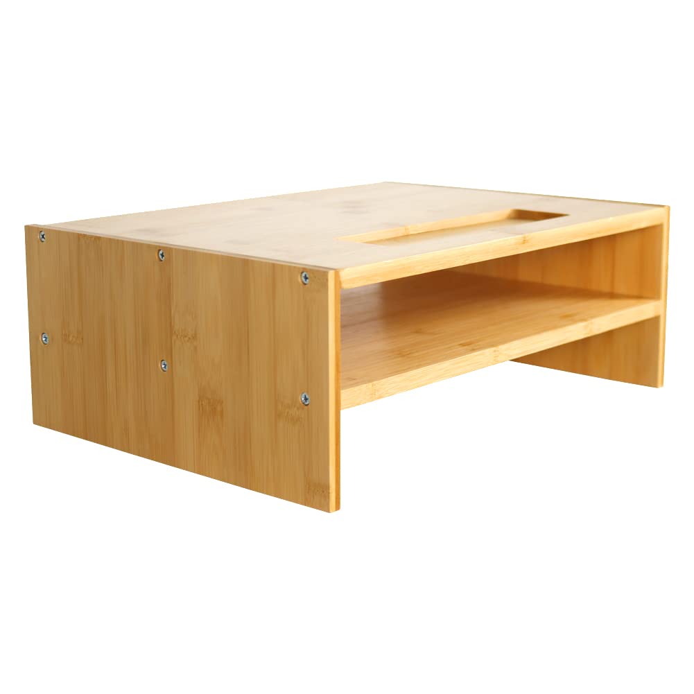 WKWKER 2-Tier Bamboo Monitor Stand With Grooved Storage Computer Monitor Riser Desk Tidy Organizer For Workstation Home Office Printer Laptop Stand