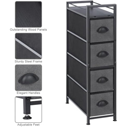 LIANTRAL Vertical Slim Chest of Drawers with 4 Fabric Drawers, Fabric Chest of Drawers Storage Tower Large Capacity Dresser for Bedroom Living Room Bathroom Entrance Narrow Space, Black and Dark Grey
