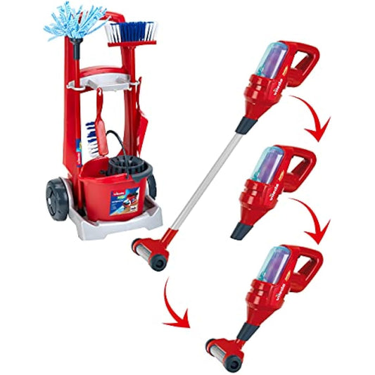 Theo Klein 6720 Vileda broom trolley with upright vacuum cleaner I Incl. Accessories such as mop, bucket, brush and dustpan I Dimensions: 29 cm x 24 cm x 60 cm I Toys for children aged 3 and over