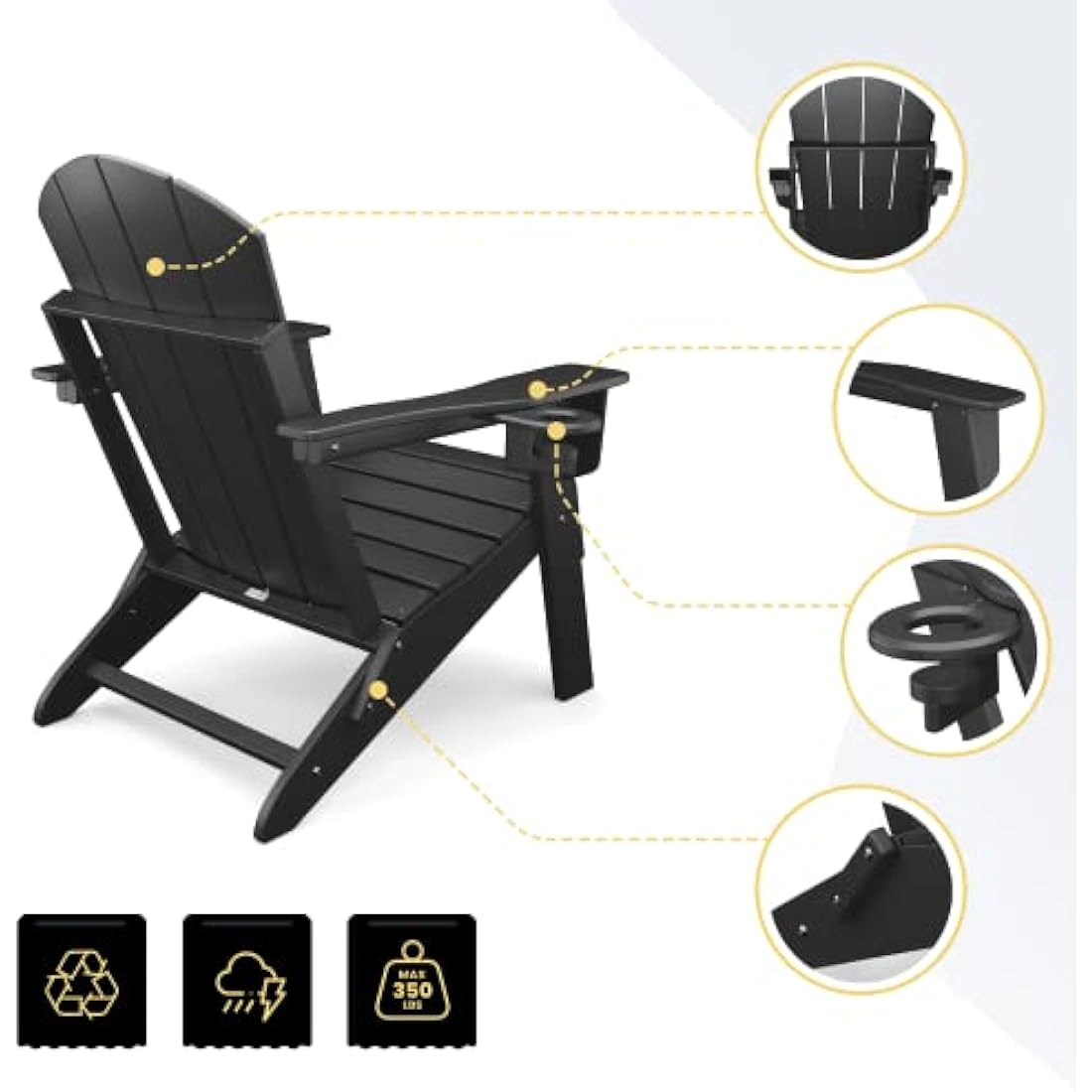 Sleek Space Adirondack Folding Chair for Garden, Patio or Deck - Arm Rests and Cup Holder - Lightweight, Weatherproof - Stylish, Durable Outdoor Furniture for Fire Pit, Beach, Poolside, Porch (Black)
