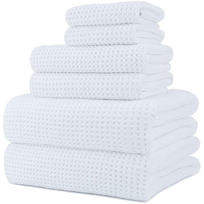 POLYTE Microfibre Oversize, 76 x 152 cm, Quick Dry Lint Free Bath Towel Set, 6 Piece (White, Waffle Weave)