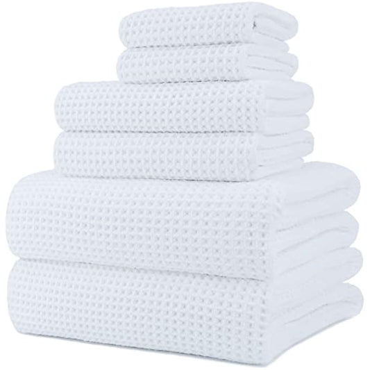 POLYTE Microfibre Oversize, 76 x 152 cm, Quick Dry Lint Free Bath Towel Set, 6 Piece (White, Waffle Weave)