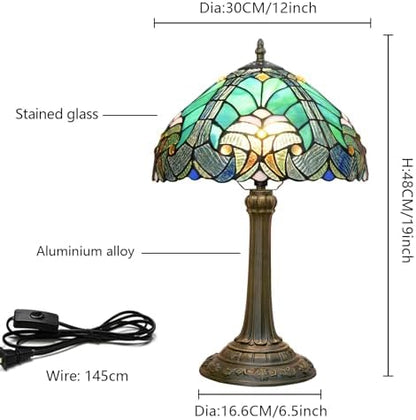 Blivuself Tiffany Lamp Green Liaison Style Stained Glass Table Lamp W12H18 Inch Antique Table Lamp Metal Base Desk Reading Light for Living Room Bedroom Bar Art Craft