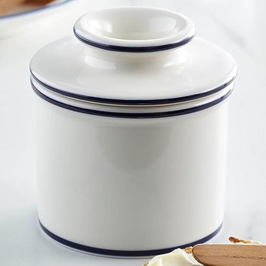 Butter Bell - The Original Butter Bell Crock by L Tremain, a Countertop French Ceramic Butter Dish Keeper for Spreadable Butter, Parisian Bistro Style with Blue Trim