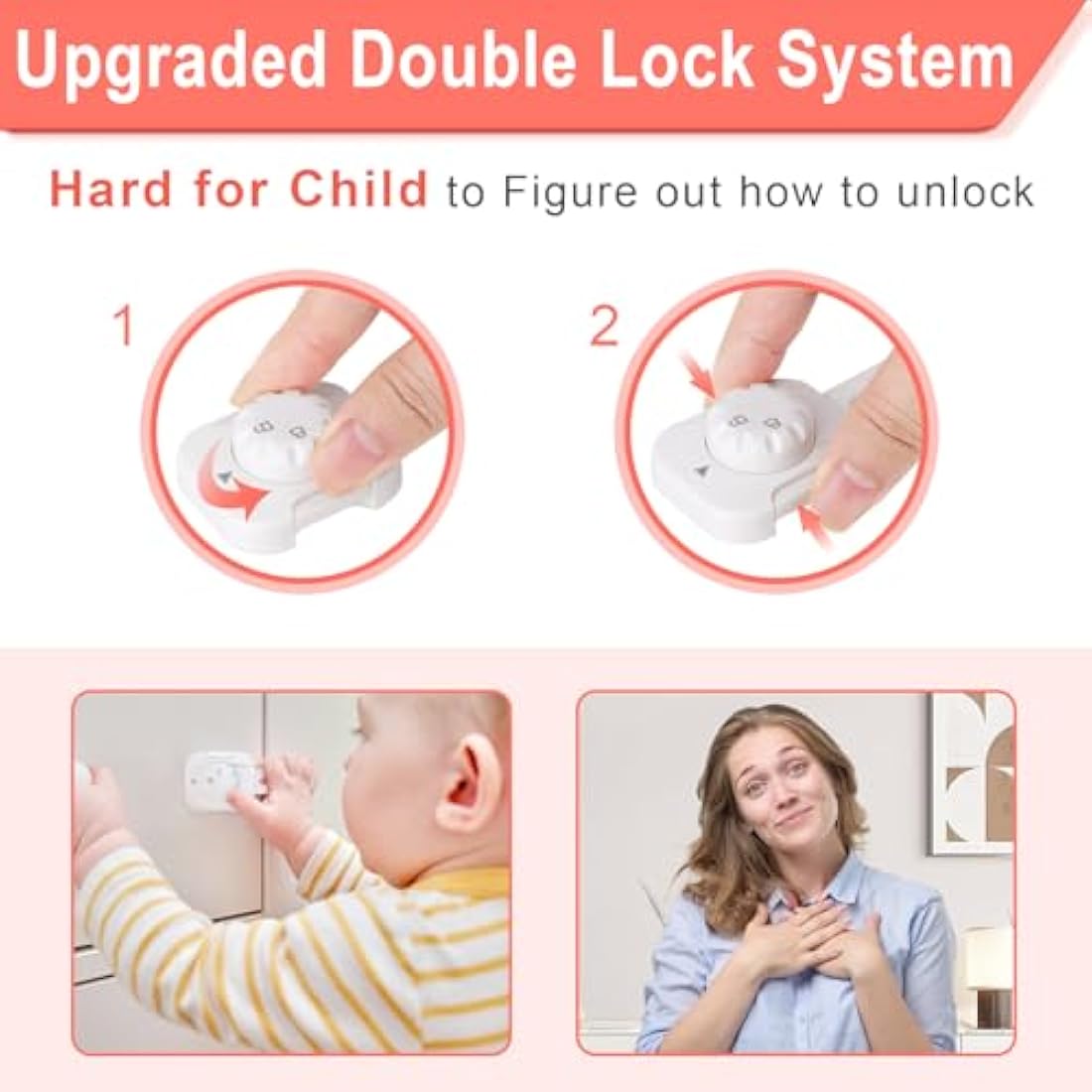 REDTRON Adjustable Cupboard Locks for Children, 6 Pack Baby Safety Drawer Latch, Child Locks for Cabinets, Drawer, Closet, Fridge, Refrigerator, Trash, with Upgraded Adhesive Double Lock System(White)