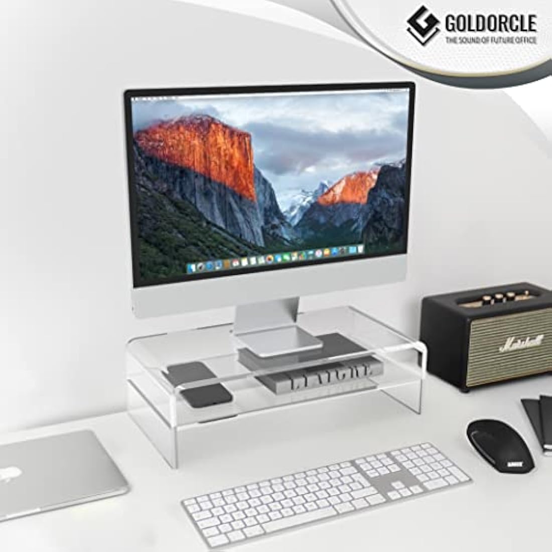 GOLDORCLE 2-Tier Acrylic Monitor Stand Riser Clear Computer Monitor Stand for Laptop PC Printer Computer Riser Acrylic Tray Laptop Storage Shelf