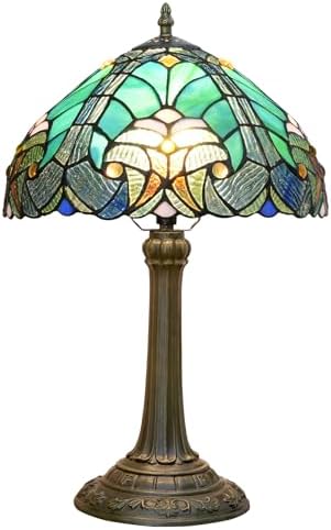 Blivuself Tiffany Lamp Green Liaison Style Stained Glass Table Lamp W12H18 Inch Antique Table Lamp Metal Base Desk Reading Light for Living Room Bedroom Bar Art Craft