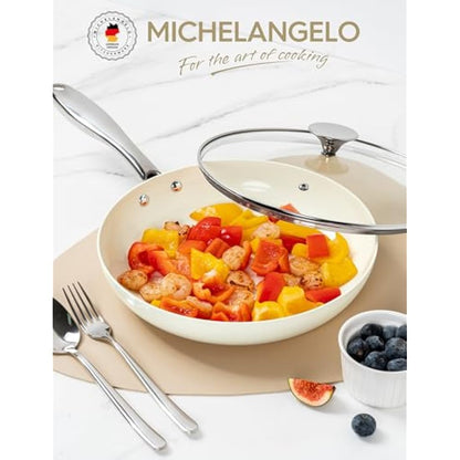 MICHELANGELO 20cm Ceramic Frying Pan, Non Stick Ceramic-Coated, Small Pan with Lid, Non Toxic, Oven Safe,Induction Compatible, Cream White