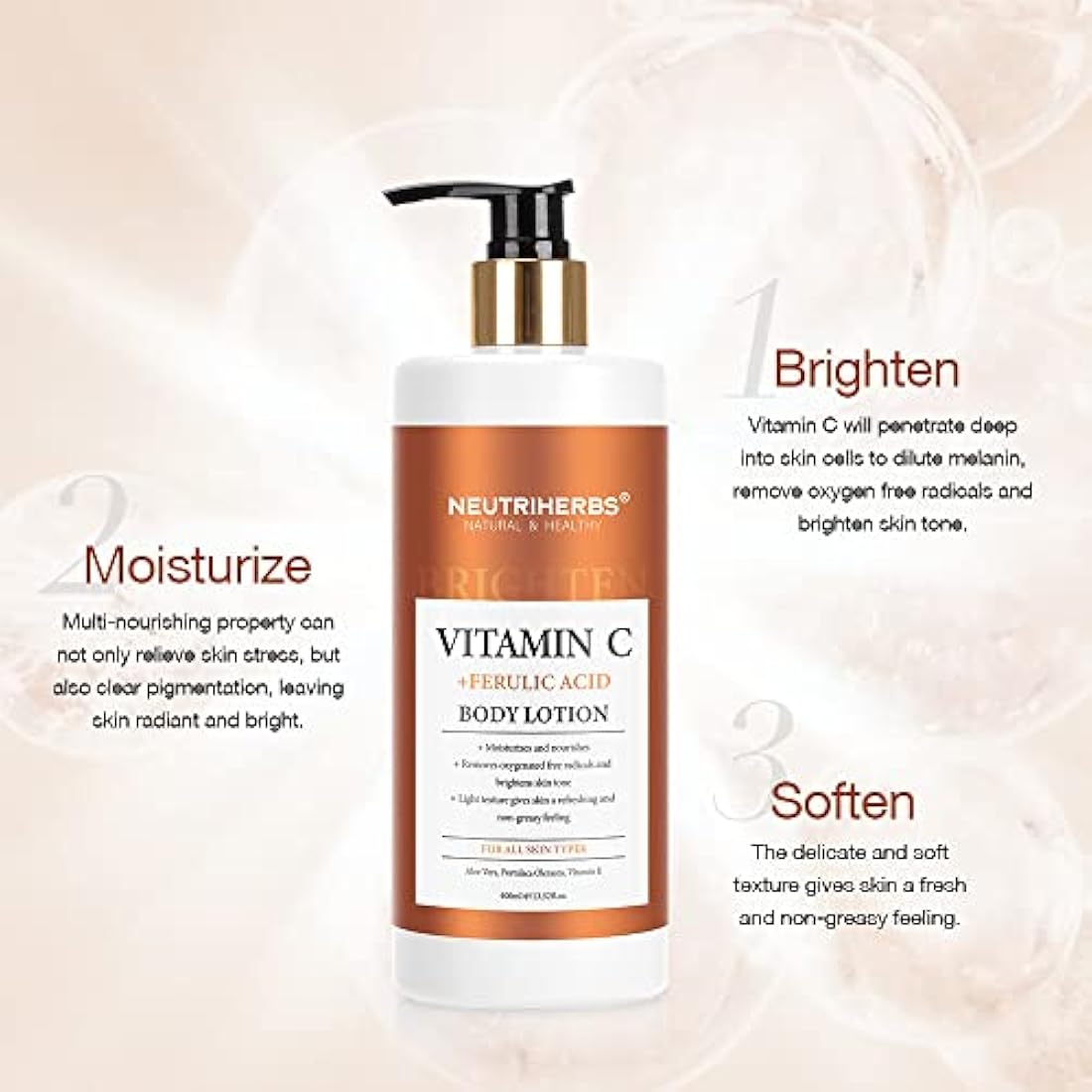 Neutriherbs Body Lotion for Women Dry Skin with Vitamin C + Ferulic Acid Natural Body Lotion Moisturizes and Nourishes for All Skin Types 13.52 Fl Oz Pump Bottle