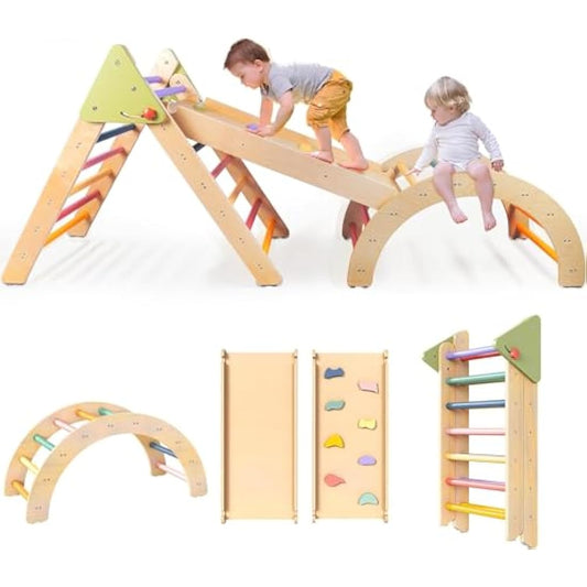 LOL-FUN 3in1 Wooden Climbing Frame for Toddlers, Baby Climbing Toys Pikler Triangle Set with Ramp and Arch, Montessori Indoor Play Jungle Gym for Kids 100x49x11CM Package-Rainbow