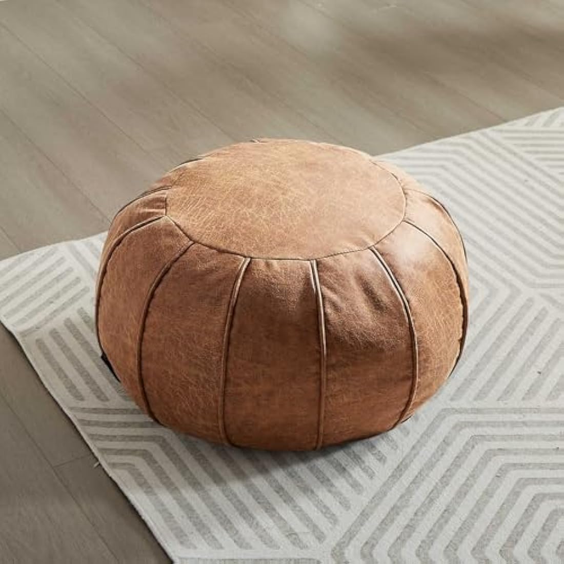 Unstuffed Round Pouffe, Supersoft Handmade Faux Decor Pouf Ottoman Cover, Storage Solution, Foot Rest, Footstool, Pouffe Seat or Balcony Office Indoor(Cognac Brown)
