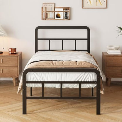 Yicensen Small Single Bed Frame with Curved Headboard and Footboard 75x190 cm, Black Single Platform Bed with Heavy Metal Slats for Stable Support, No Box Spring Needed, Noise Free, Easy Assembly