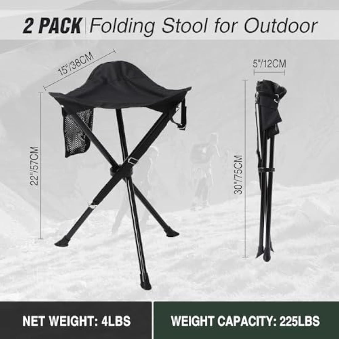 REDCAMP 2 Pack Tall Tripod Stool Folding, 22.4-inch Lightweight Tripod Chairs Portable for Backpacking Hiking Hunting Fishing, Dark Black