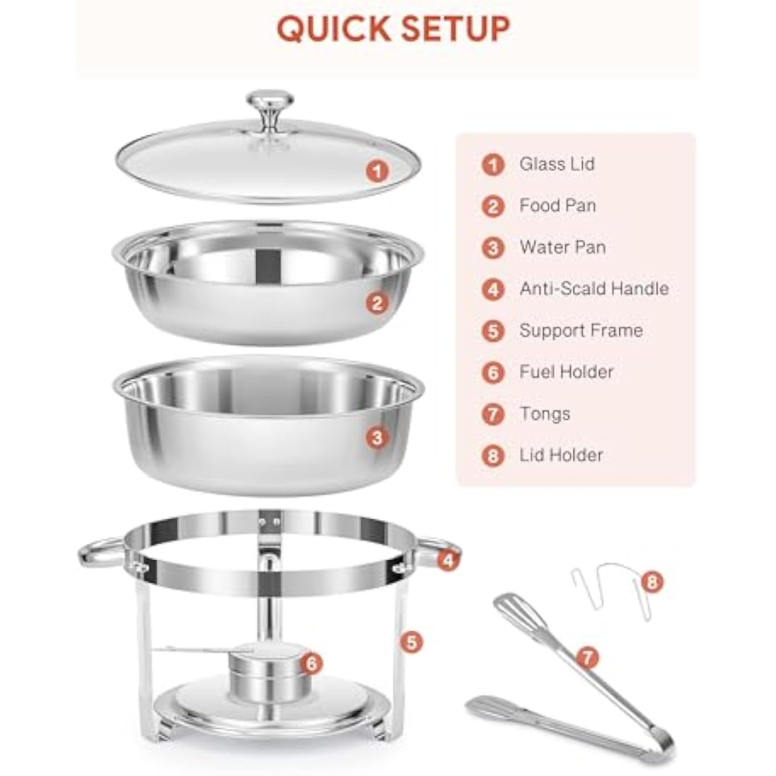 WILPREP Chafing Dish Buffet Set, 4 Pack 5.5L Round Chafers for Catering with Glass Lid & Lid Holder Water Food Pan, Stainless Steel Food Warmers