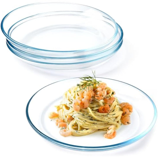 NUTRIUPS 4 Pack 10in Glass Dinner Plates, Clear Tempered Glass Plates, Glass Serving Dinnerware for Pasta, Salad, Dishwasher & Microwave Safe