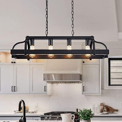 WUZUPS 4-Light Metal Pot Hanging Rack Chandelier Linear Pendant Ceiling Lighting Rustic Farmhouse Fixture Kitchen Island Dining Room, H25 x L88 x W30, E27 Base, Black
