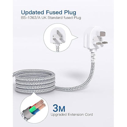 Addtam 3M Extension Cable, Extension Lead with 6 Way Outlets 5 USB(5A, 1 USB C and 4 USB A Ports), 3250W Overload Protection, 3M Braided Extension cord, Surge Protection Plug Extension Socket