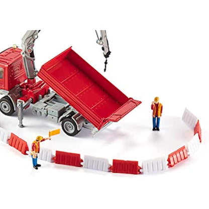 siku 3534, Lorry with Loading Area and Crane, 1:50, Metal,Plastic, Red, Incl. 2 toy figures and 12 traffic barriers