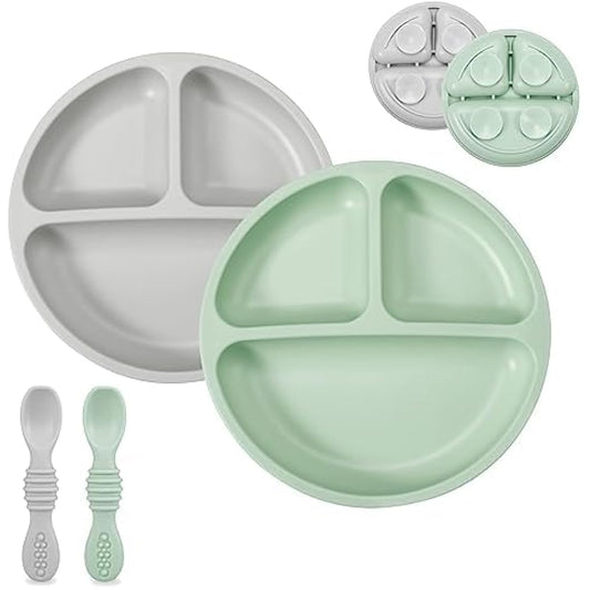 PandaEar 2-Pack Silicone Suction Plates for Babies Weaning with 2 Baby Spoons - Divided Plates for Toddlers and Kids Childrens - Unbreakable Baby Plates with Sections