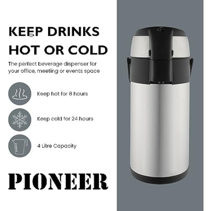 Pioneer Flasks Stainless Steel Airpot Hot Cold Water Tea Coffee Dispenser Conference Event Flask, Satin Finish, 4 litres