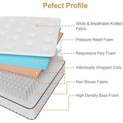 Sleremind Double Mattress | 7-Zone Hybrid Pocket Spring Medium-Firm Bed Mattress | Pressure Relief Technology & Cooling Gel Memory Foam(135×190×22cm)
