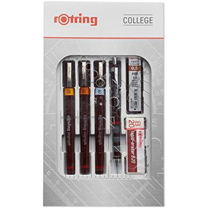 rOtring Isograph Fineliner Pen & Pencil College Set | 3 Technical Pens (0.20mm, 0.40mm, 0.60mm) and Mechanical Pencil (0.5mm) + Accessories
