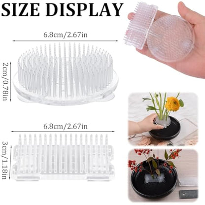 WANDIC 2Pcs Flower Frog, Round Rectangle Clear Plastic Ikebana Kenzan Frog Japanese Holder with 3 Suckers for DIY Flower Craft