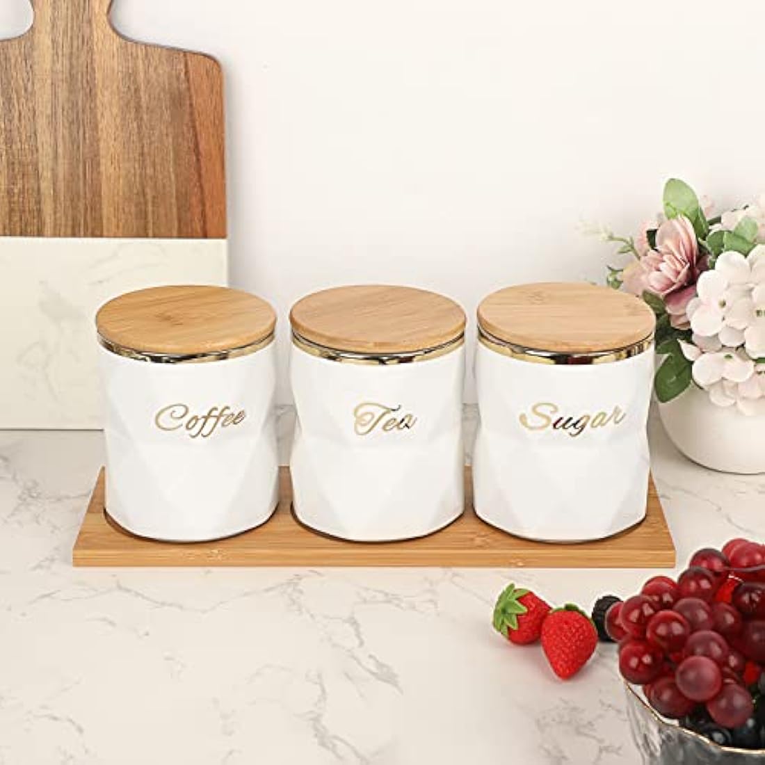 BTSKY White Ceramic Sugar Coffee Tea Canisters with Lid and Tray - Airtight Set of 3 Storage Canisters Food Storage Containers Pots Jars with Bamboo Lid for Kitchen Counter