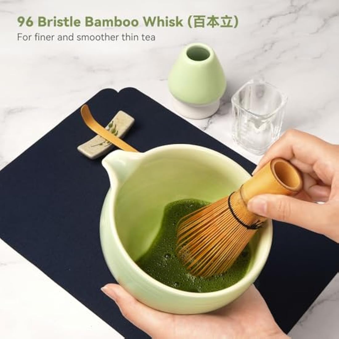 Joiish 10-Pcs Matcha Set, Bamboo Whisk and Bowl with Spout & Measuring Spoon, Chasen Holder, Sifter, Complete Matcha Tea Kit (Light Green)