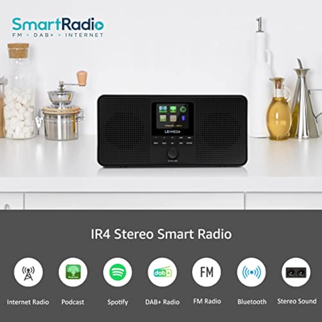 LEMEGA IR4S Stereo WIFI Internet Radio,Portable DAB/DAB+/FM Digital Radio,Spotify Connect,Bluetooth Speaker,Dual Alarms Clock,60 Presets,Headphone-Output,Batteries or Mains Powered -Black