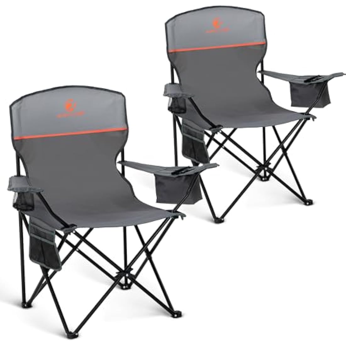 ALPHA CAMP Set of 2 Folding Camping Chairs with Cooler Bag & Cup Holder & Side Pocket Up to 120kg, Lightweight and Portable Camping Chair for Adults, Grey